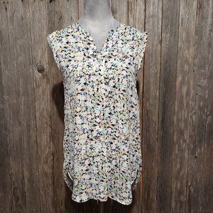 H&M Women's 6 Tunic Top Sleeveless White Floral V Henley Neck Hi Low Cottage